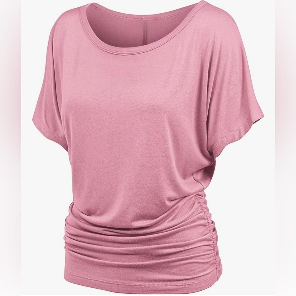 Casual Solid Short Sleeve Boat Neck Dolman Top with Side Shirring -pink